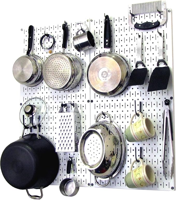Wall Control Kitchen Pegboard Organizer Pots and Pans Storage Rack Organization Kit with White Pegboard and Black Accessories