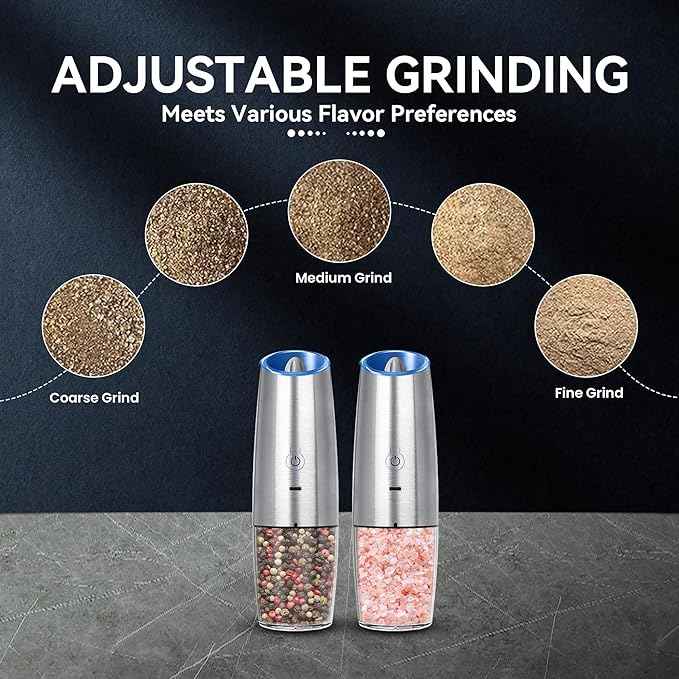 Rechargeable Electric Salt and Pepper Grinder set of 2, gravity electric salt and pepper grinder set, Adjustable Roughness, LED Light, 2 Pack, (Silver)