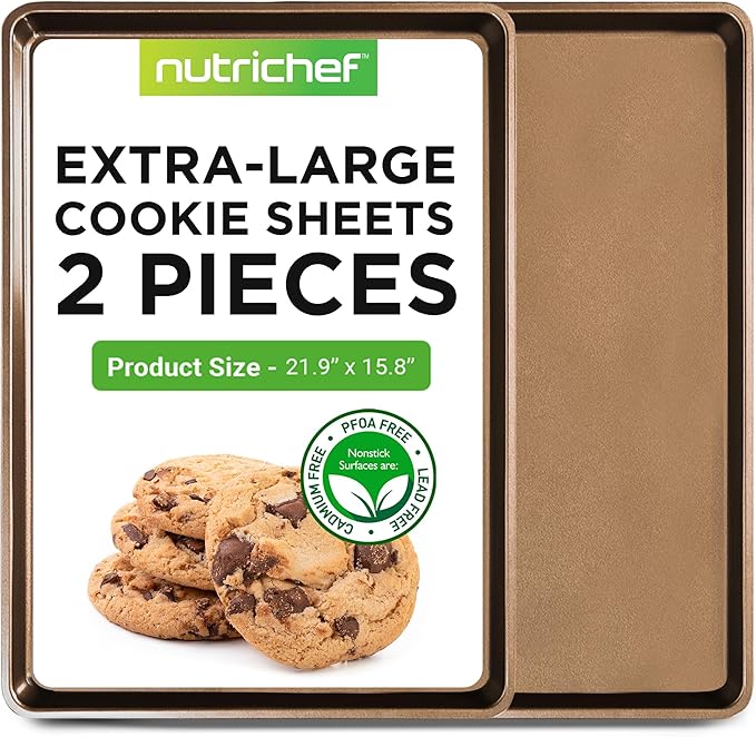 NutriChef Nonstick Extra Large Baking Sheets – 22 x 16 Inch Mega Cookie Sheet Pans for Baking & Roasting – Warp-Resistant Thick Gauge Cookie Tray Set , Oven & Dishwasher Safe – 2 Pack