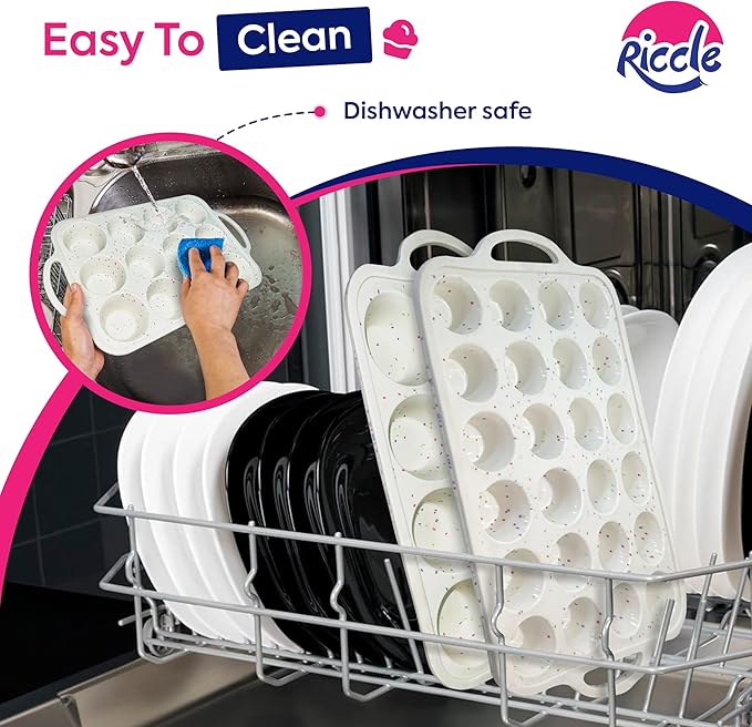 RICCLE 2 Pack Silicone Muffin Pans for Baking with Metal Reinforced Frame - Regular 12 Cup Silicone Muffin Pan & 24 Cup Mini Cupcake Pans - Silicone Cupcake Pan Set - Oven & Dishwasher Safe, BPA-Free
