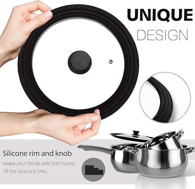 Lerykin Tempered Glass Lid - Universal Lid with Heat Resistant Silicone Rim for Pots, Pans and Skillets - Pan Cover Replacement Lid Fits 9.5", 10" and 11" Diameter Cookware
