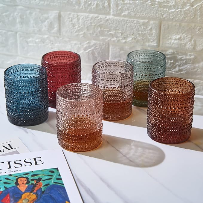 Khen Beaded Hobnail Tumbler Drinking Glasses Set | Set of 6 | Vintage Colored Hobnails 11 OZ Muted Bubble Design Whiskey, Old-Fashioned, Embossed Design Glass Water, Wine, Cocktail HAND WASH ONLY