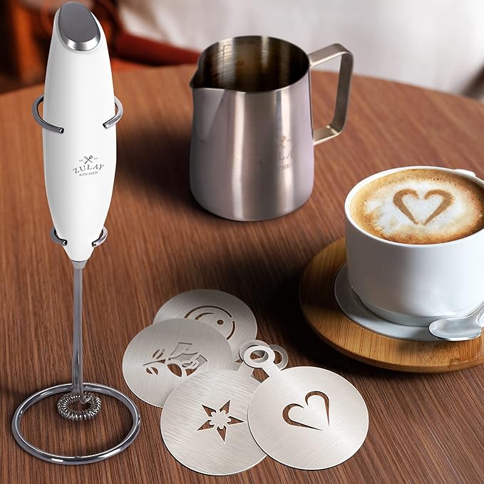 Zulay Premium Gift Milk Frother Set – Handheld Coffee Frother with Stand, 12oz/350ml Frothing Pitcher + 4 Latte Art Stencils – 13,000 RPM Motor, SS Whisk, Battery Operated – Barista Kit (White)