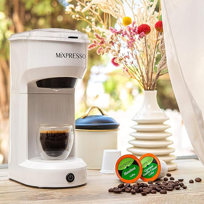 Mixpresso 2-in-1 Single Serve Coffee Maker - K-Cup & Ground Coffee Compatible - Fast 2-3 Min Brewing - Compact 14oz White Coffee Machine for Home Office