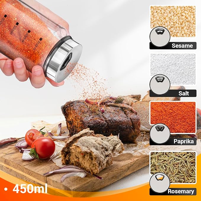 Segarty 15oz Spice Jar with Accessories, 1pc Empty Storage Container with Shaker Lid Adjustable Pour Holes Scale Lines for Pepper Sugar, Large Spices Container with 8 Blank Labels, 1 Brush 1 Chalk Pen