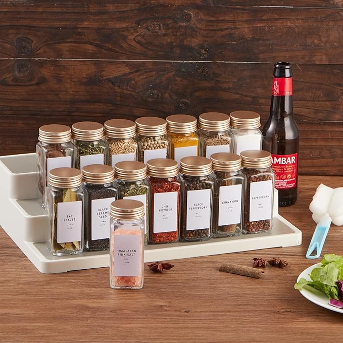 36 Pcs Spice Jars with Label- Glass Spice Jars with Gold Metal Caps,Shaker Lids, Funnel, Chalk Pen,Skiileor 4oz Seasoning Containers Bottles for Spice Rack, Cabinet, Drawer