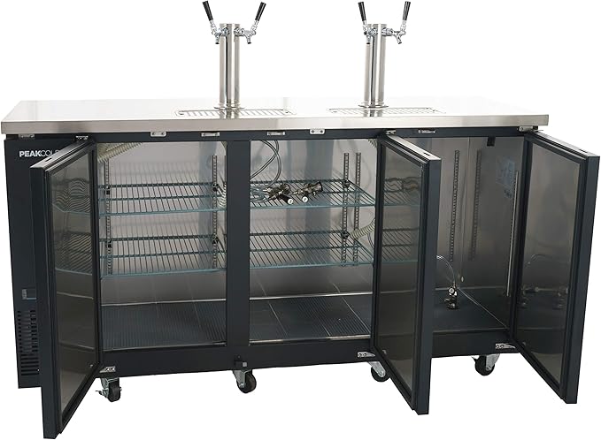 PEAKCOLD 3 Door, 4 Tap Commercial Beer Dispenser - Double Tower Keg Cooler - Kegerator; 72" W
