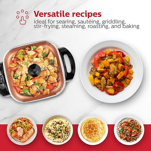 Holstein Housewares 12-Inch Electric Skillet - 1400W Electric Pan with Adjustable Temperature Control, PFOA-Free Non-Stick Coating, Cool-Touch Handles, Multi-Function Cooker, Copper & Black