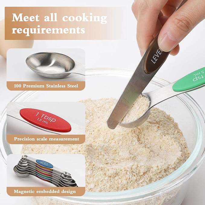Magnetic Measuring Cups and Spoons Set of 16,Stainless Steel Magnetic Measuring Cups Set 7 and Magnetic Measuring Spoons Set of 8 with Leveler for Dry Liquid Ingredients (16, Colorful)