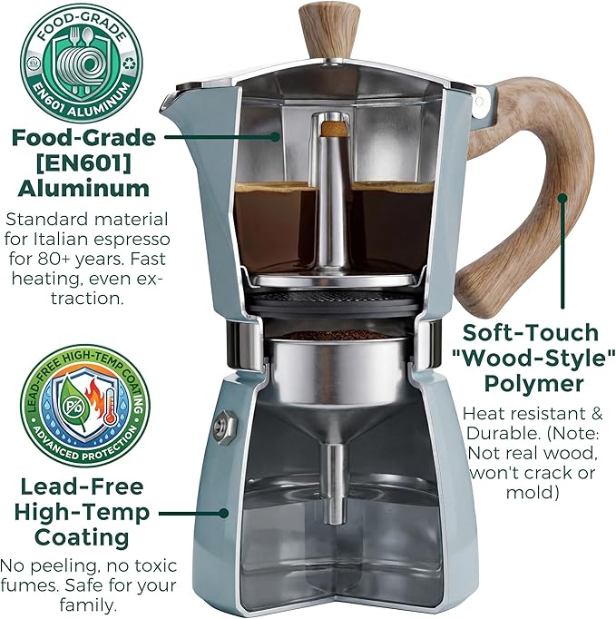 AGOGO Milano Moka Pot Stovetop Espresso Maker with 100 Paper Filters for Sediment-Free Coffee, Classic Italian Greca with Wood-Grain Handle,Cleaning Brush & Towel 6 Cup (10oz / 300ml) Lake Blue