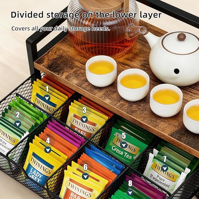 Tea Bag Organizer with 8-Compartment Mesh Drawer, Wood & Metal Holder Storage Chest for Countertop, Multi-Functional Coffee and Tea Station Box Caddy Display Rack for Kitchen Pantry, Rustic Brown