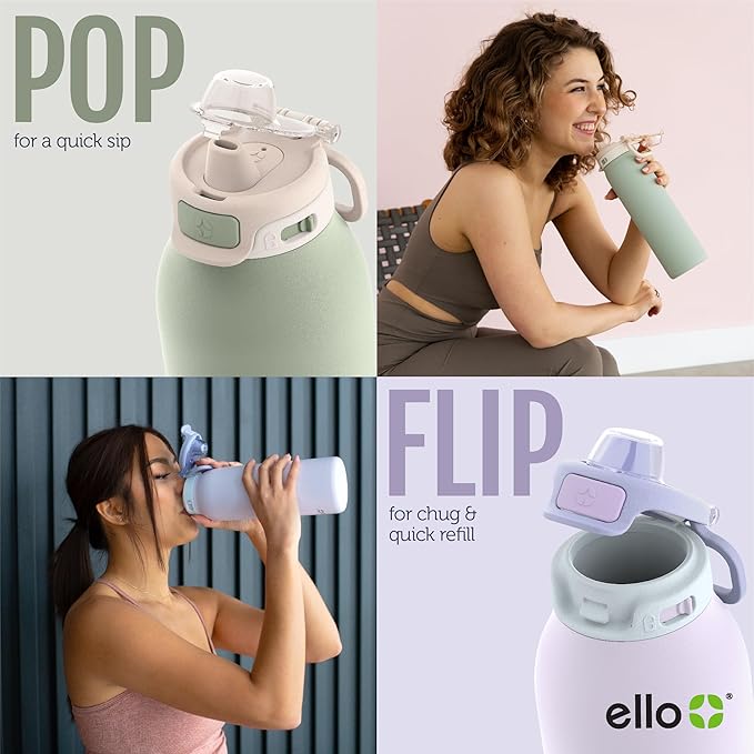 Ello Pop & Fill 22oz Stainless Steel Water Bottle with Quick Fill Technology, Double Walled and Vacuum Insulated Metal, Leak Proof Locking Lid, Sip and Chug, Reusable, BPA Free, Forest Mist