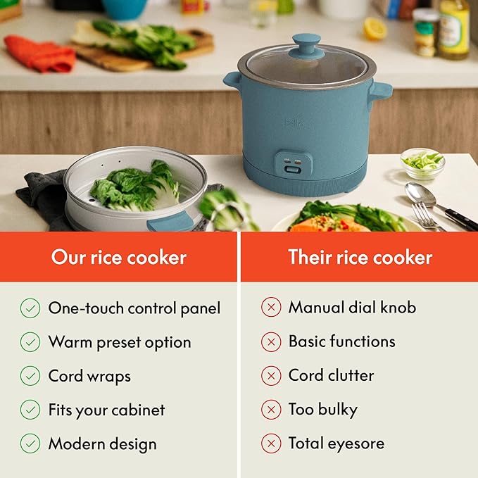 bella 16 Cup Rice Cooker with Steamer, Dishwasher Safe Steaming Basket, Rice Paddle and Measuring Cup, Removable Nonstick Cooking Bowl, Automatic Keep Warm Function, 400 Watt, Surf