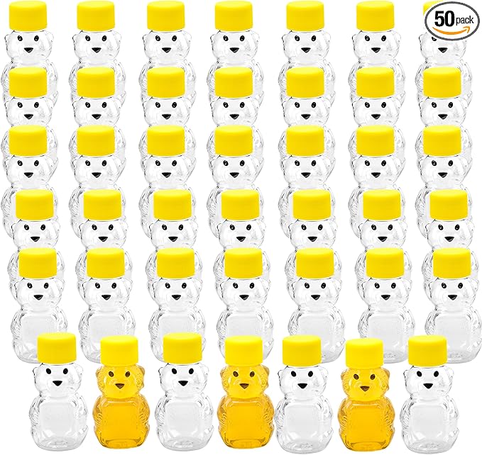 50 Pack 2 oz Honey Bear Bottle Plastic, Reusable Plastic Honey Bear Jars Bulk with Yellow Lid for Storing and Dispensing(60ml /2oz)