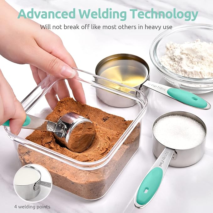 U-Taste 12 Piece Measuring Cups and Spoons Set in 18/8 Stainless Steel, and 18/8 Stainless Steel 3.9 inch 30 Mesh Strainer (Aqua Sky)