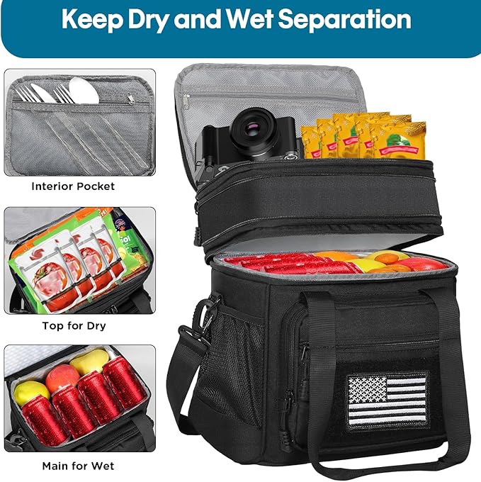 GLENKEY Tactical Lunch Box Cooler Bag - Expandable Insulated Lunch Bag for Men Women - Large Lunchbox for Adults Work Shifts Outdoor Trips Black with Flag 16L
