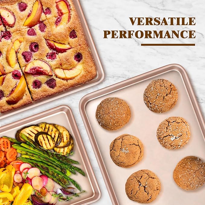Wildone 2 Pack Half Sheet Baking Pans, Nonstick Baking Sheet for Oven, Thicker Carbon Steel Cookie Sheet 17.5x12 Inch, Heavy Duty & Easy Clean, Rose Gold