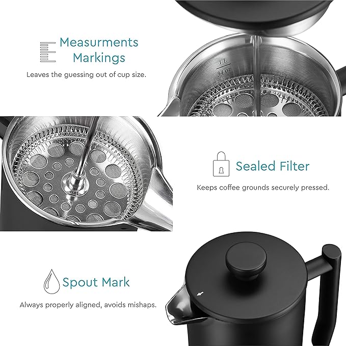 Belwares French Press Coffee Maker 34 Oz - Insulated Coffee Press Stainless Steel 304 - Double Wall & 4 Level Filtration System (1 Liter) - Black