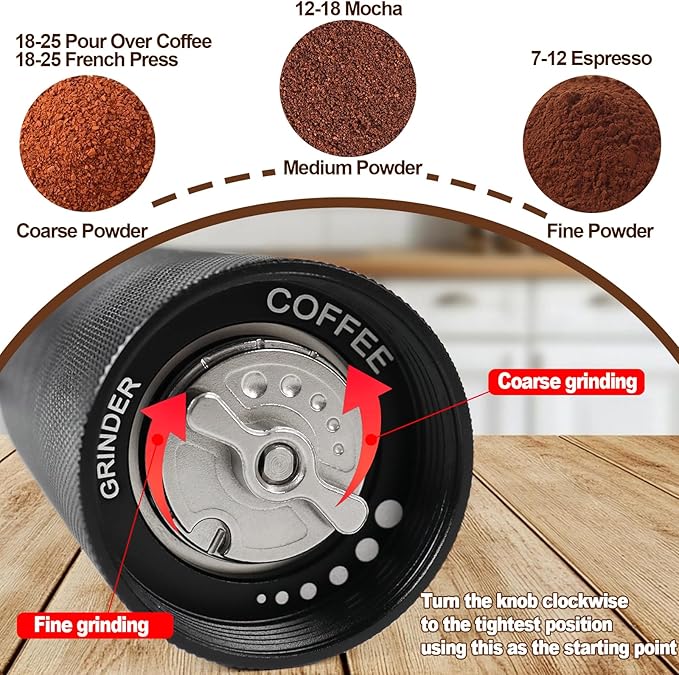 Manual Coffee Grinder Gift Box Non-Detachable Stainless Steel Conical Burr Aluminum Coffee Bean Grinder with 25 Grinding Settings Cleaning Brush Grindable Espresso Moka Pot for Camping Black