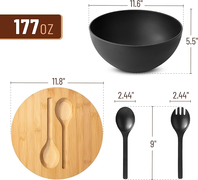 BAMBOO LAND- Extra Large Salad Bowl with Wooden Lid, 11.6 Inch, Black Bamboo Fiber Salad Bowl with Serving Utensils