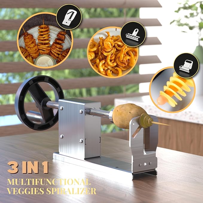 3 Blade Tornado Potato Spiralizer and Cutter Manual Stainless Steel Curly Fry Hand Crank for Vegetables