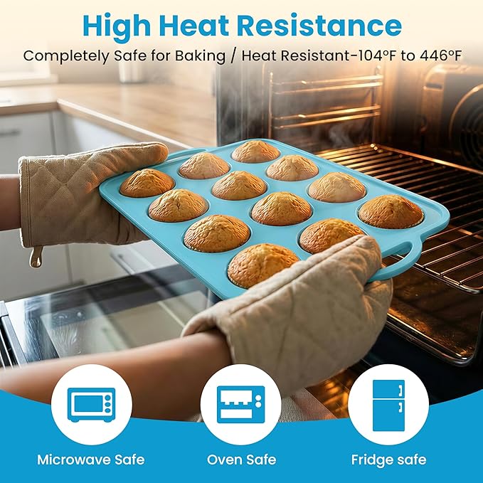 2Pack Silicone Muffin Pan for Baking with Metal Reinforced Frame, 12 Cup Regular Size Cupcake Pan, BPA Free Silicone Muffin Tray, Cupcake Baking Pan Molds for Oven Dishwasher Safe - Blue