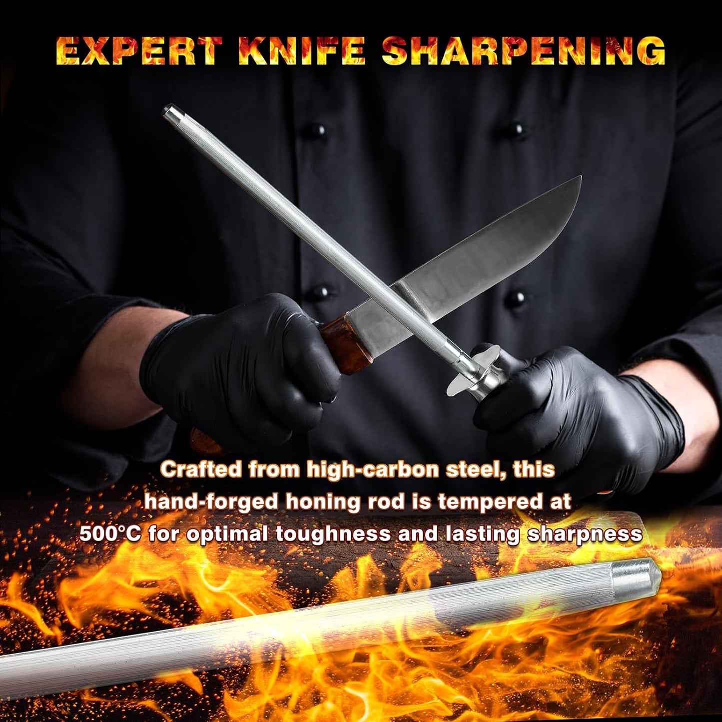Knife Sharpener Rod, Kitchen Knives Sharpener Carbon Steel Professional Knife Sharpening Steel, Honing Rod with Hanging Holes (13 inches), E