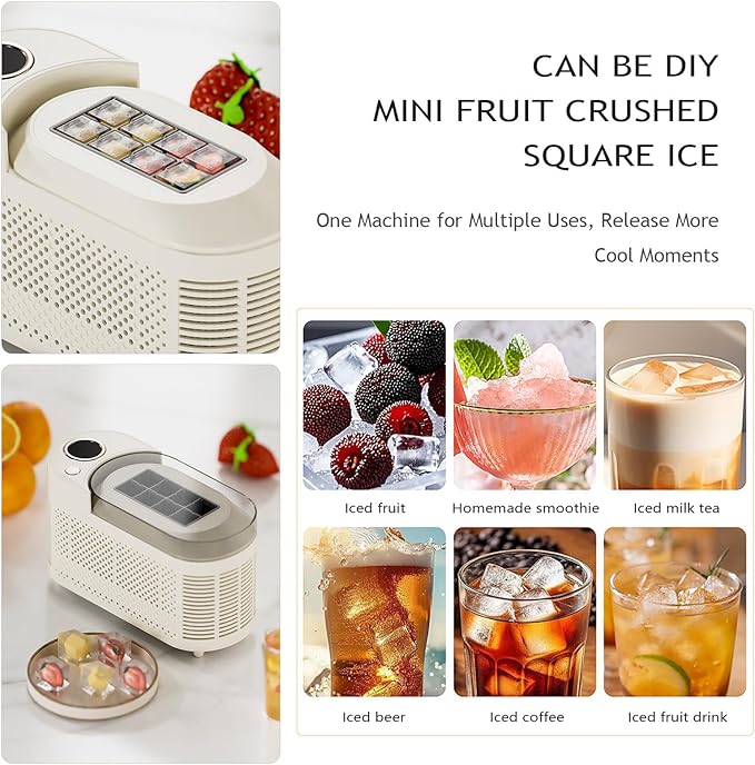 Countertop Ice Maker, Electric Ice Machine, 8 Cubes Ready in 10 Mins, Portable Ice Cube Maker with Car Power Cord, for Home & All Spaces, Clear & Large Ice Cubes,CreamWhite