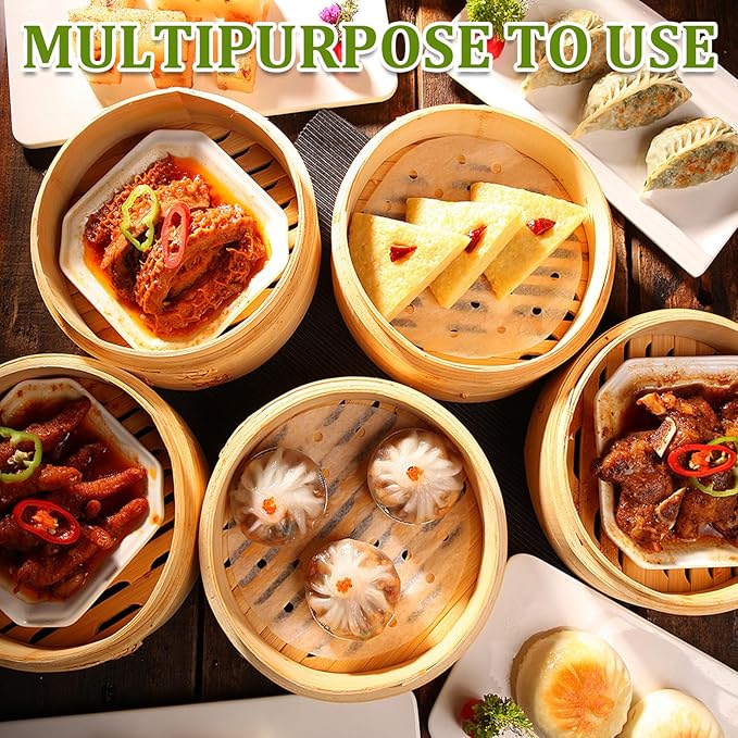 JMIATRY 3 Tier Bamboo Steamer 8 Inch Dumpling Steamer Basket With Side Handles Bamboo Steamers Basket With Lids for Steaming Cookware Asian Food, Bao Buns, Chinese Dim Sum, Dumpling