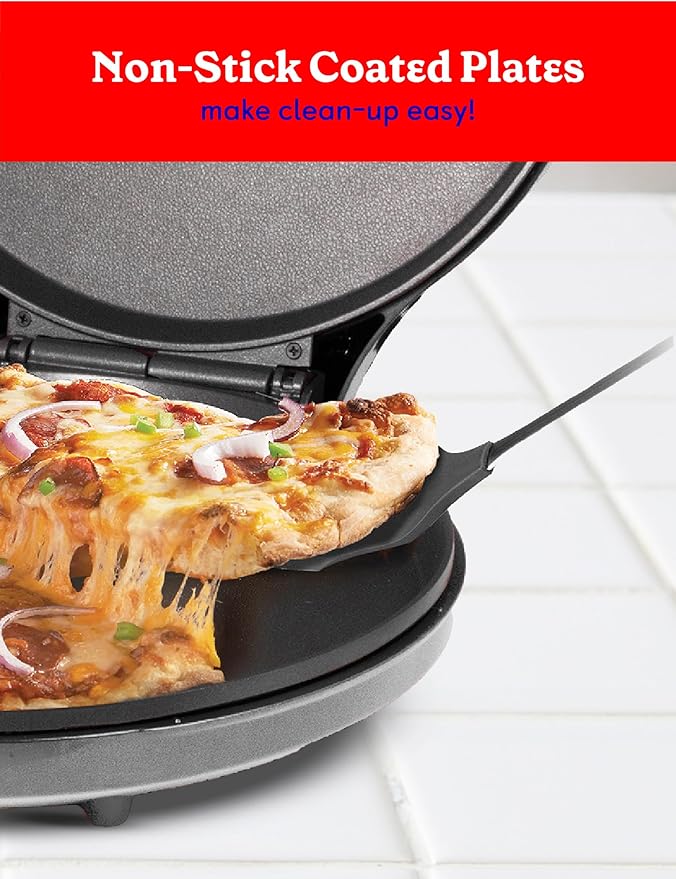 Betty Crocker Pizza Maker Plus, 12" Indoor Electric Grill, Nonstick Griddle Pan for Pizzas, Quesadillas, Tortillas, Nachos and more, 12" Electric Griddle for Delicious Meals and Snacks, Silver