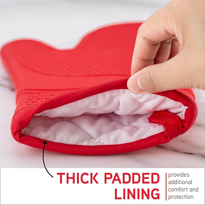 COOK WITH COLOR Silicone Oven Mitts- Heat Resistant Gloves with Soft Quilted Lining Oven Mitt Pot Holders for Cooking and BBQ, Red, Mitt Set