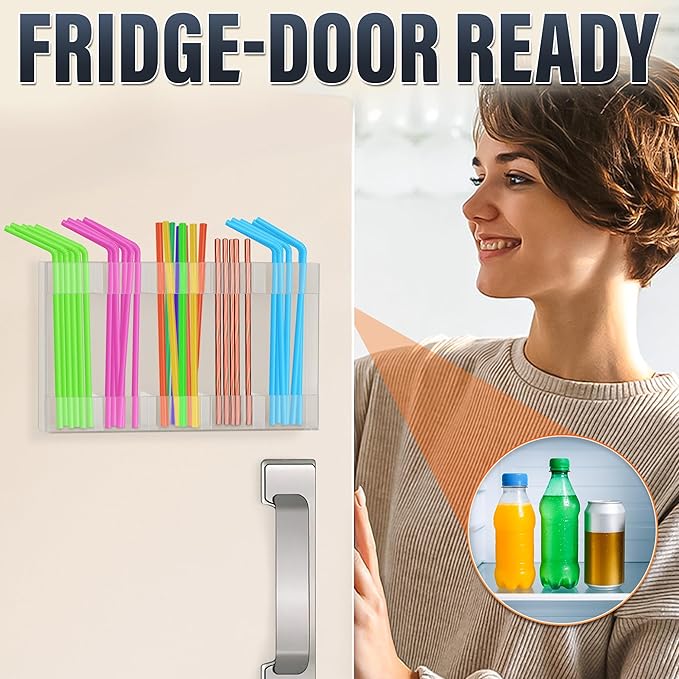 9.5" Large Acrylic Straw Holder for Cabinet Door with Stickers – Peel and Stick Straw Holder for Drawer, for Straws, Makeup Brushes, Kitchen Utensils – Includes Strong Adhesive Tape for Easy Mounting