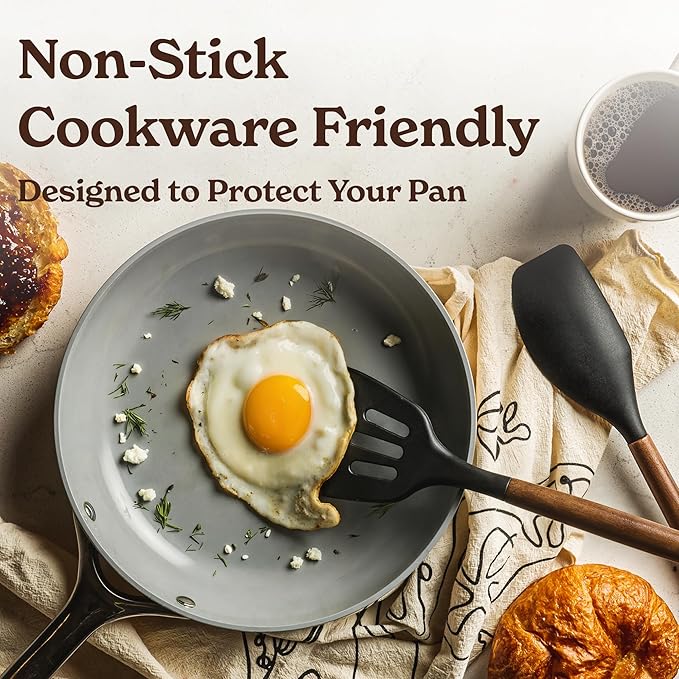 Silicone Kitchen Utensils Set & Holder: Cooking Utensils Set - Kitchen Essentials for New Home & 1st Apartment- Silicone Spatula Set, Cooking Spoons for Nonstick Cookware (Acacia Wood, Cream White)