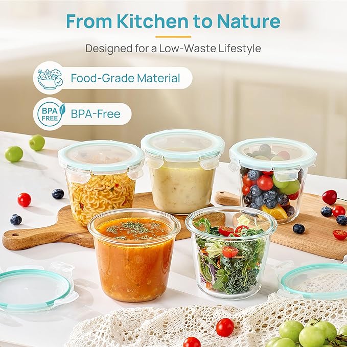 Vtopmart 5Pack 24oz Glass Storage Containers with Lids, Glass Meal Prep Food Container Sets with Snap Airtight Lids for Microwave, Oven, Freezer and Dishwasher, Green, Round