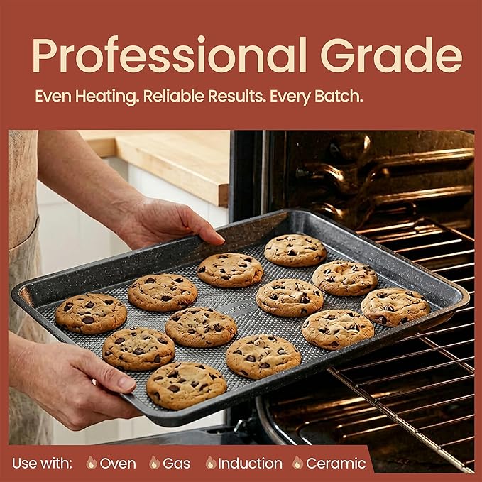 Diamond Bottom Cookie Sheet Set of 2, Nonstick Gray Marble Carbon Steel Baking Pans for Crisp Baking, Space-Saving Stackable Trays, PFOA, PFOS, PTFE Free, Oven Safe Up to 450°F, Small & Medium Pans