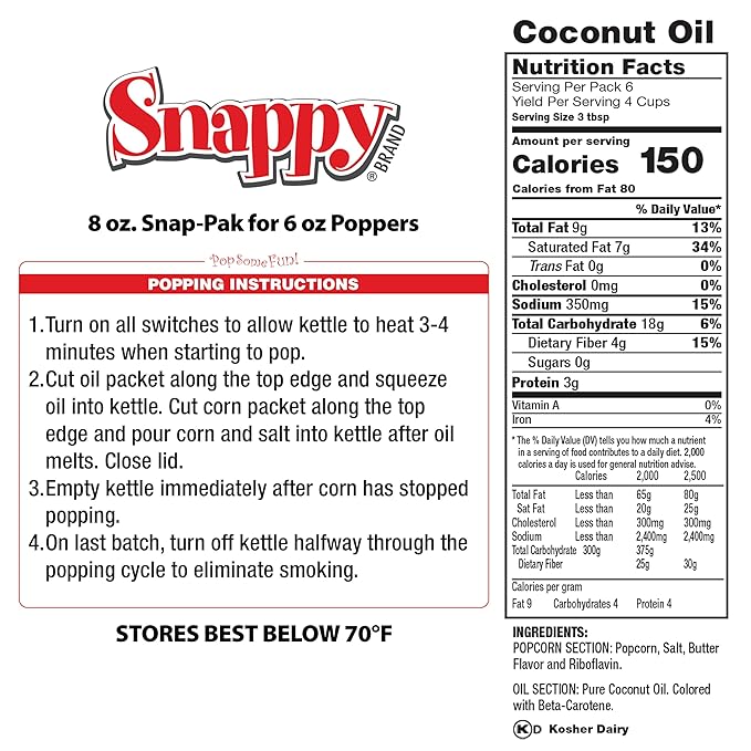 Snappy Snap-Paks All in One Popcorn Portion Packets for 6 oz Popping Machine, Kernels, Oil, and Salt, 24 Count