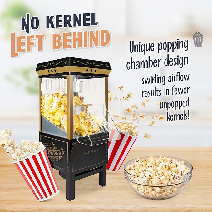 Nostalgia Vintage Hot-Air Popcorn Maker Machine - Makes Up to 12 Cups - Oil-Free - Healthier Popcorn - Classic Stand-Up Cart With Wheels - Includes Kernel Measuring Cup - Black