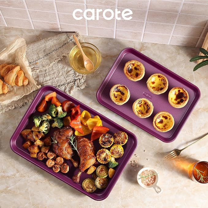 CAROTE 3-Piece Baking Pan Set - Bakeware Set, Baking Sheet Set Including 13 Inch 15 Inch 17 Inch Sheet Pan, Cookie Sheet for Baking, Royal Violet