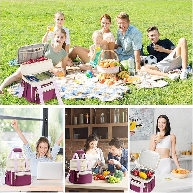 holuxer Insulated Lunch Bag & Lunch Box for Women - Double Deck Reusable Lunch Bag for men Tote Cooler Bag Leakproof Soft Expandable - Large Lunchbox for Work/Adult/Picnic/Outdoor (Light Purple，15L)