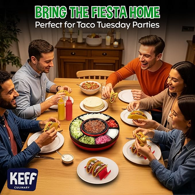 KEFF Taco Tuesday Kit - Taco Bar Serving Set for a Party, Lazy Susan Serving Dish 6 Sections, 4 Tacos Holder, Condiment Containers, Squeeze Bottles, Tongs, Recipes & Instructions - Tailgate Essentials