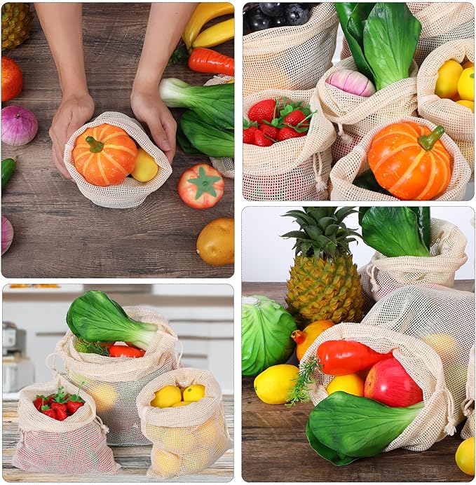 18 Pack Reusable Produce Bags Reusable Washable - Vegetable Grocery Cotton Mesh Bags for Farmers Market, Beach, and Refrigerator Storage Vegetables (6xS, 6xM, 6xL)