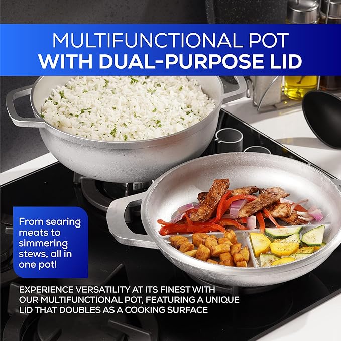 Universal 2-in-1 Caldero (9.4 inch/24 cm), Versatile Dutch Oven Pot with Lid, Premium Cast Aluminum with Dual-Function Lid for Searing Meats, Compact Pots for Stews & Rice
