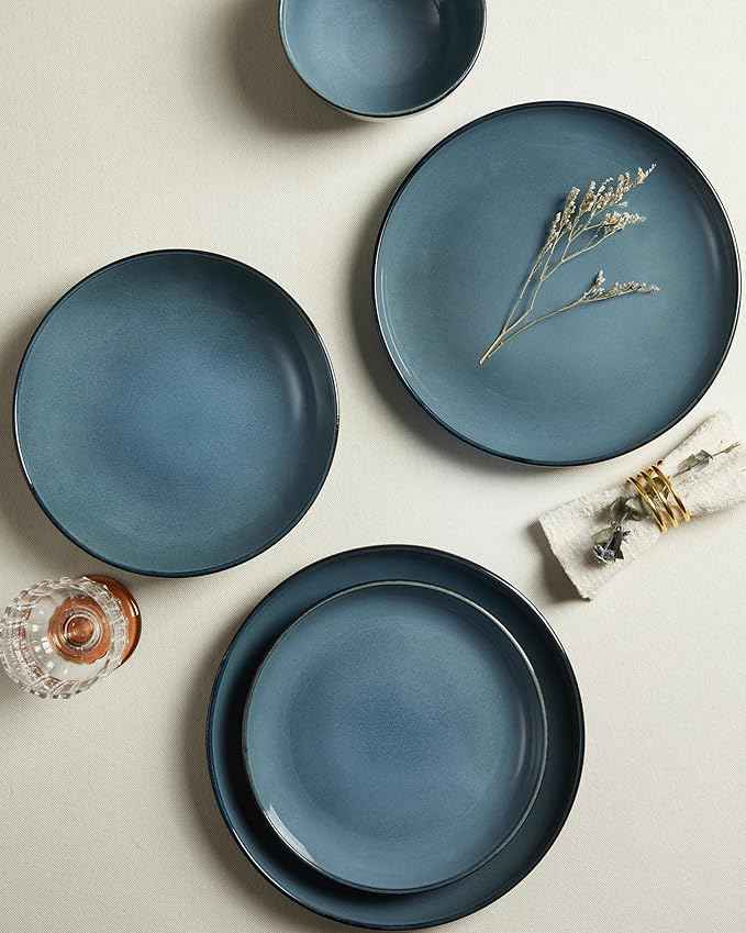 16 Piece Double Bowl Dinnerware Sets with Pasta Bowls, Highly Chip and Crack Resistant Plates and Bowls Sets, Natural Earthyware Ceramic Dishware Sets, Service for 4 Jeans Blue