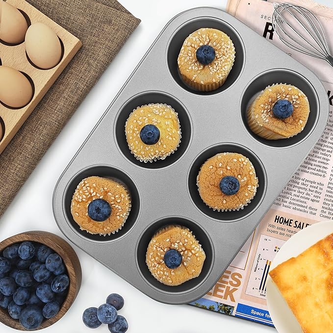 Satax Muffin Pan for Baking, Nonstick Cupcake Tin 6 Cup,sets of 2,Heavy Duty Steel Muffin Pan (Silver, 6-cup)