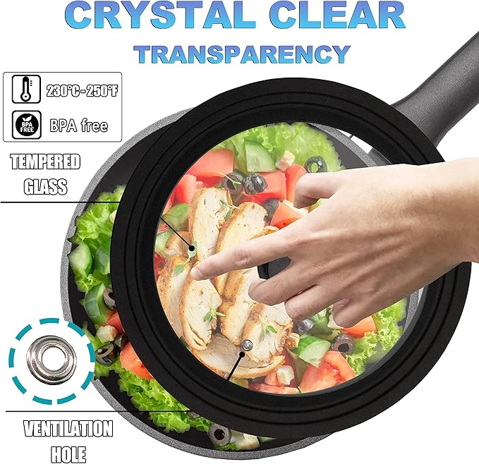 Lerykin Tempered Glass Lid - Universal Lid with Heat Resistant Silicone Rim for Pots, Pans and Skillets - Pan Cover Replacement Lid Fits 10", 11" and 12" Diameter Cookware