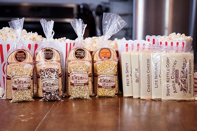 Amish Country Popcorn | Variety Sampler Pack | 4-4 oz Bags, 4-1 lb Bags and 5 Microwave Bags | Baby White, Medium White, Ladyfinger and Purple Popcorn Kernels and 5 Flavored Microwave Bags