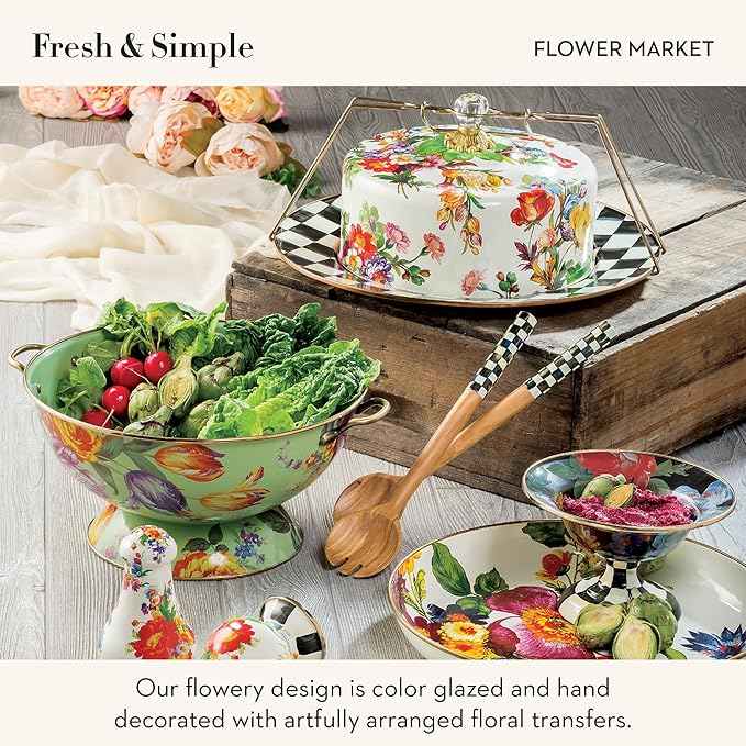 MACKENZIE-CHILDS Cake Carrier, Cake-Dish Serving Platter with Lid and Handles, White Flower Market with Black-and-White Courtly Check