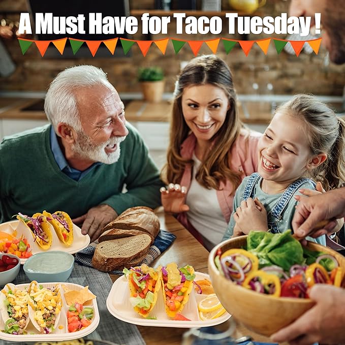 Small Disposable Taco Plates With Dipping Sides - 20 Pack, Biodegradable Cornstarch Taco Holder, Mini Size Fit 4-6 Inch Street Tortilla Shells, Sturdy & Microwave Safe, Bar Serving Set For A Party