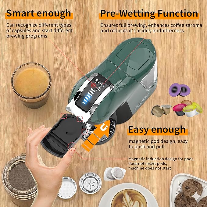 KOTLIE EM-308B Espresso Machine, Single Serve Coffee Maker Compatible with Multiple Capsule Types, Ground Coffee, and ESE Pods, 3 Temperatures, 7 Water Volume Levels, 34 Oz（Green）