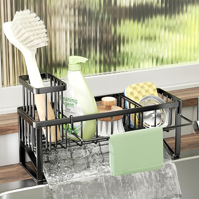 SWTYMIKI Sponge Holder for Kitchen Sink - Sink Caddy with Brush Holder and Stainless Steel Self Drain Tray, Sponge Caddy Organizer with Divider Kitchen Accessories Storage for Countertop, Black
